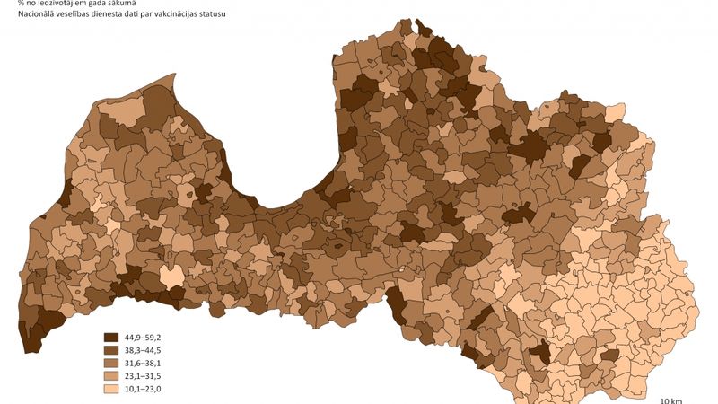 FOTO: Vakcinēto iedzīvotāju īpatsvars Latvijā