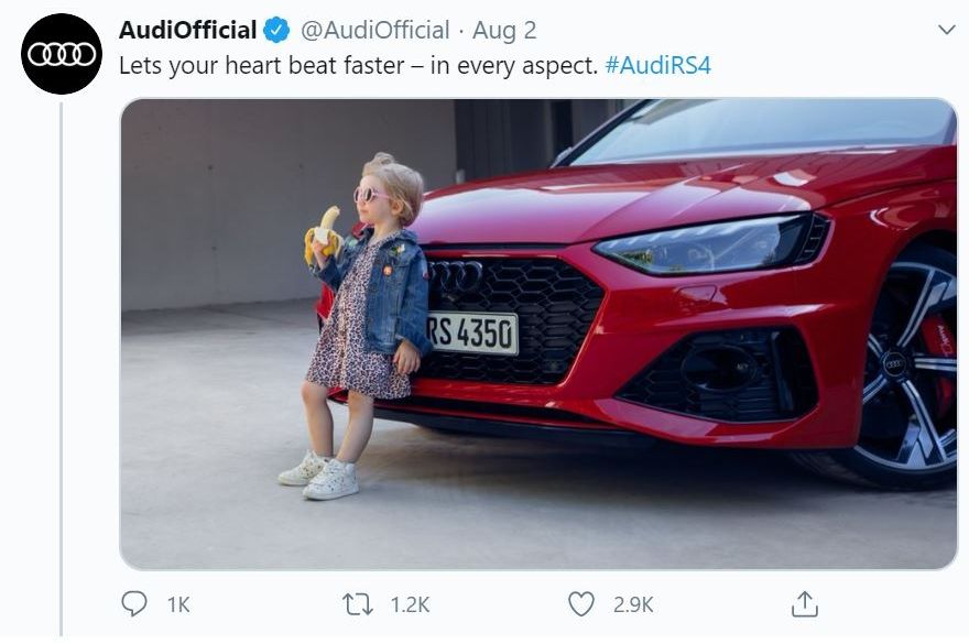Audi atsauc reklāmu, kurā redzama maza meitene ar banānu